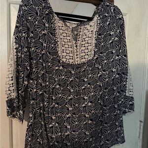 Navy and White Patterned Women's Top